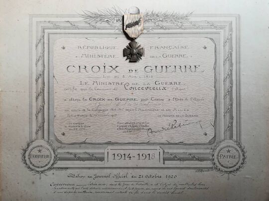 Croix de guerre décernée à la commune de Concevreux en 1920